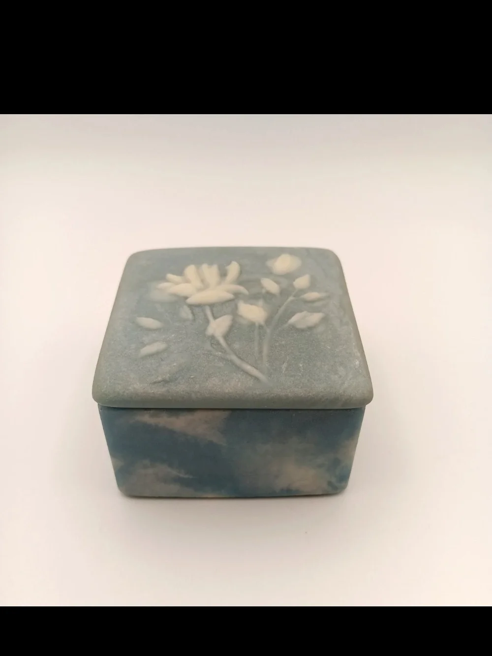 1970's Blue Floral Incolay Jewelry Trinket Box